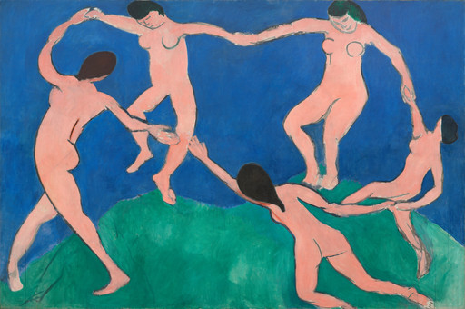 Five figures in pink form a circle, reaching for each other. The painting is rendered in oil on canvas, with predominant colors of vibrant blue and green. This is an AI generated description. To give feedback, email ai@moma.org.